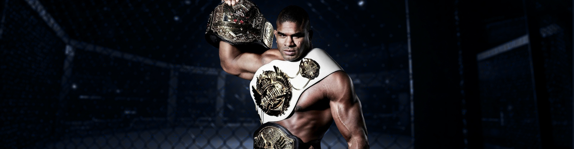 Alistair Overeem with three championship belts Banner